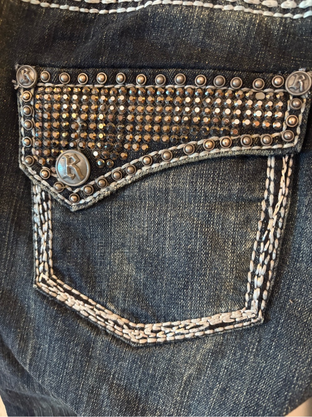 Rock & Roll Cowgirl Rhinestone Flap low rise Pocket Bootcut Jeans Size 27. - Picture 5 of 16